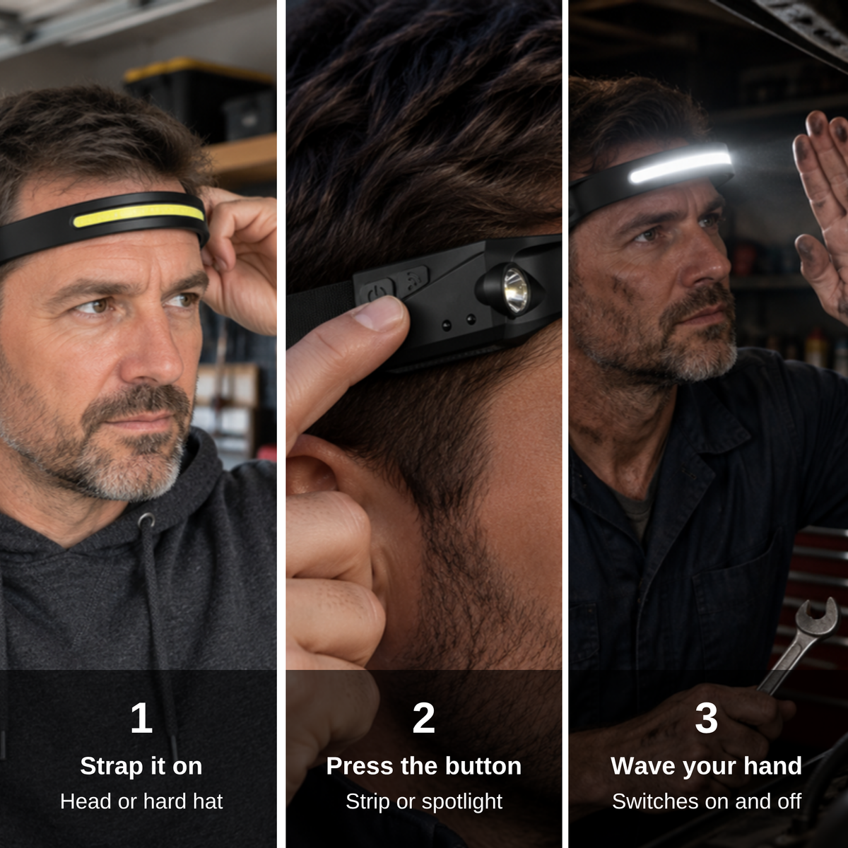 Three steps: strap the headlamp on, press the button, wave your hand.