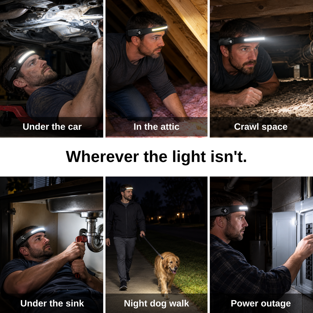 The headlamp in use under a car, in an attic, in a crawl space, under a sink, on a night dog walk and during a power outage.