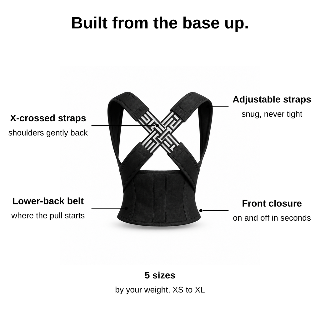 Built from the base up: X-crossed straps, lower-back belt, front closure