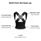 Built from the base up: X-crossed straps, lower-back belt, front closure