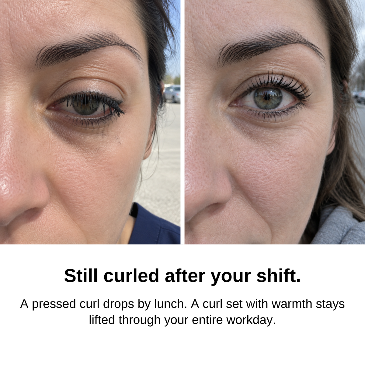 Before and after: lashes still curled after a full shift