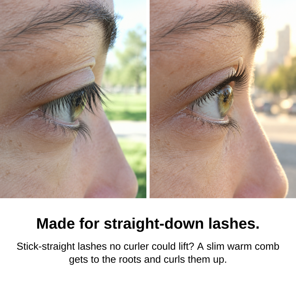 Before and after: straight-down lashes lifted and curled