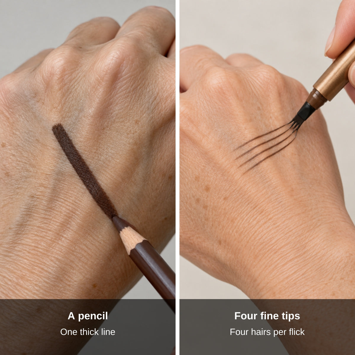 A pencil draws one thick line, four fine tips draw four hairs per flick