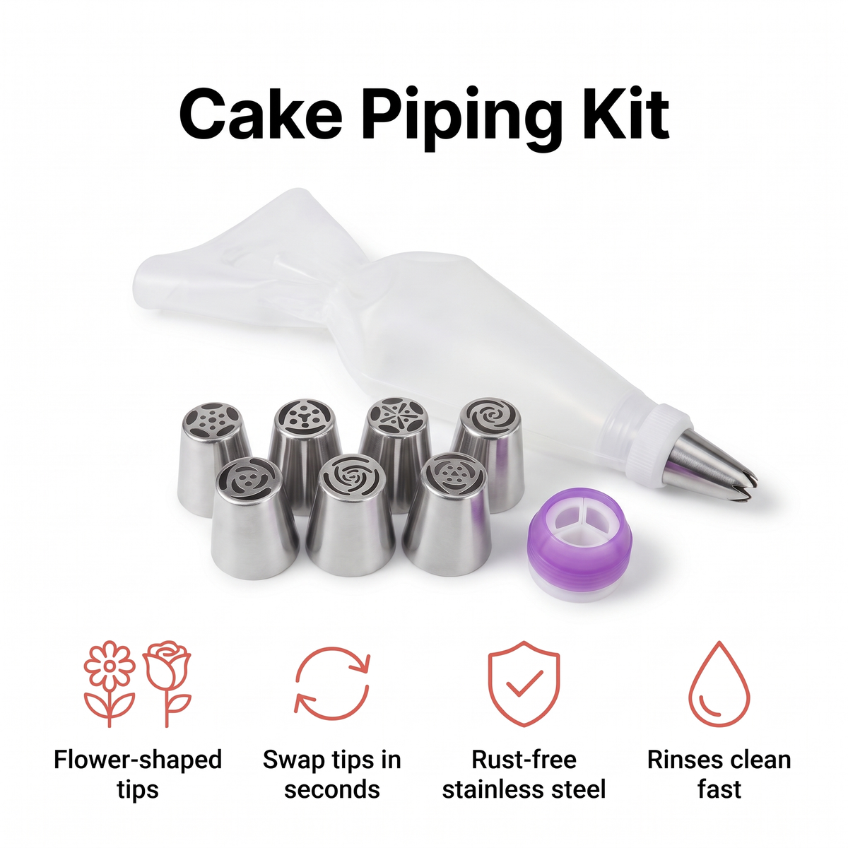Stainless steel piping tips kit for flowers and rosettes