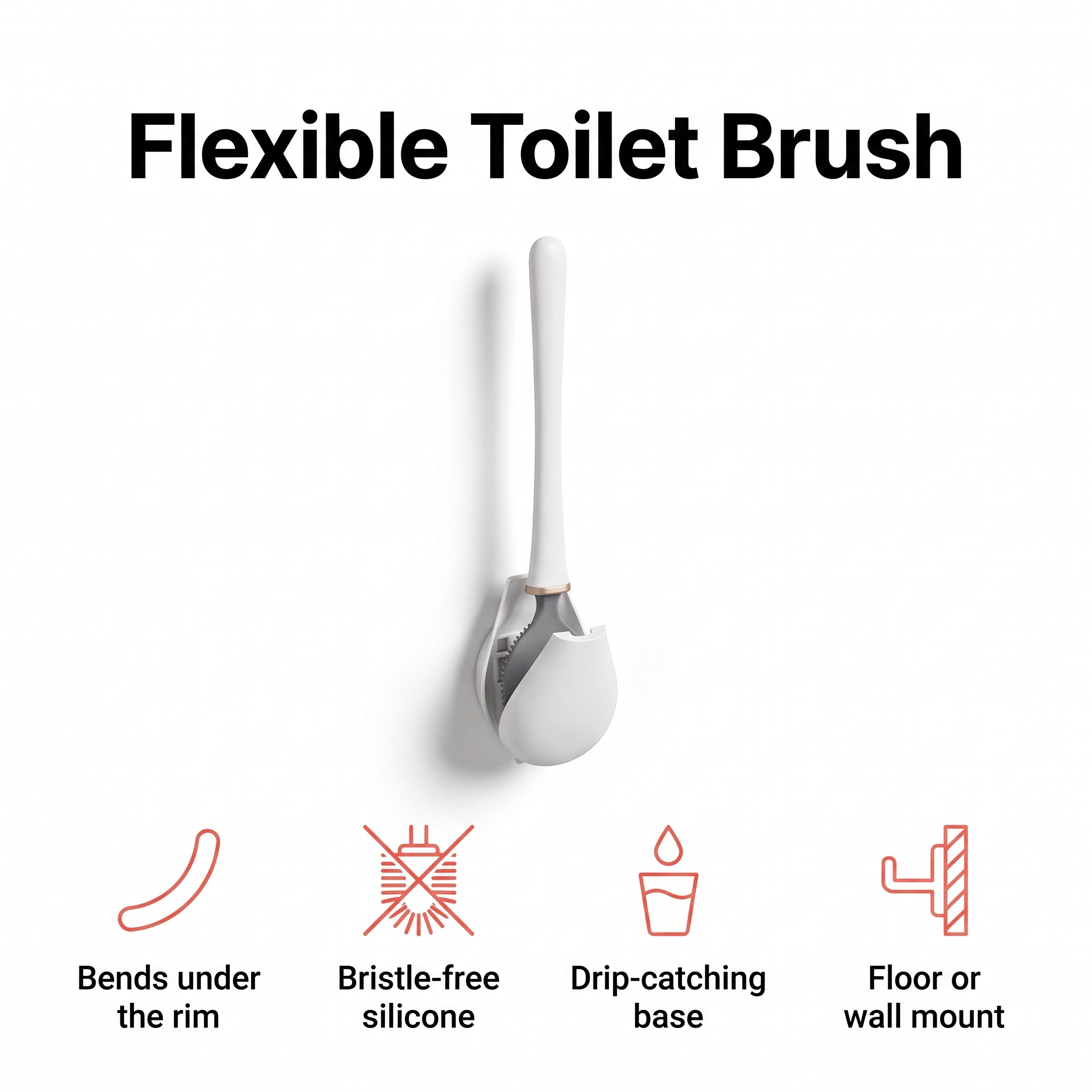 Flexible silicone toilet brush with drip-catching base
