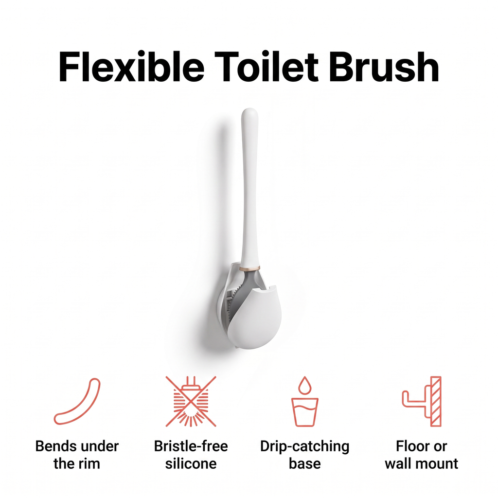 Flexible silicone toilet brush with drip-catching base