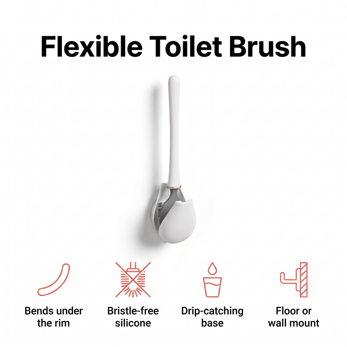 Flexible silicone toilet brush with drip-catching base