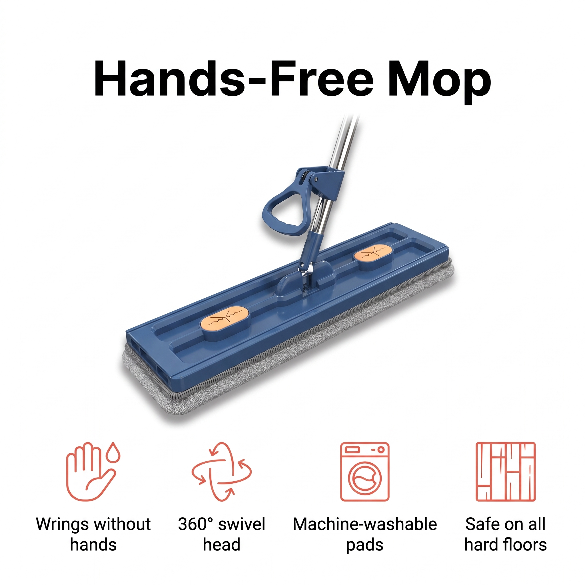 Hands-free mop with 360° swivel head and washable microfiber pads