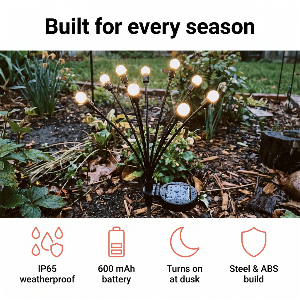 Built for every season: IP65 weatherproof, 600 mAh battery, turns on at dusk, steel and ABS build