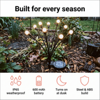 Built for every season: IP65 weatherproof, 600 mAh battery, turns on at dusk, steel and ABS build