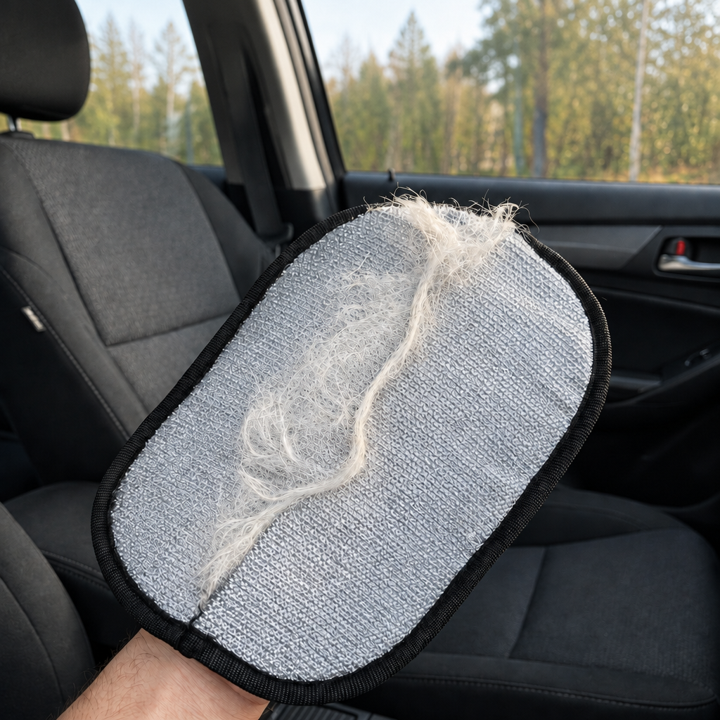 Pet hair remover glove lifting pet hair from a cloth car seat