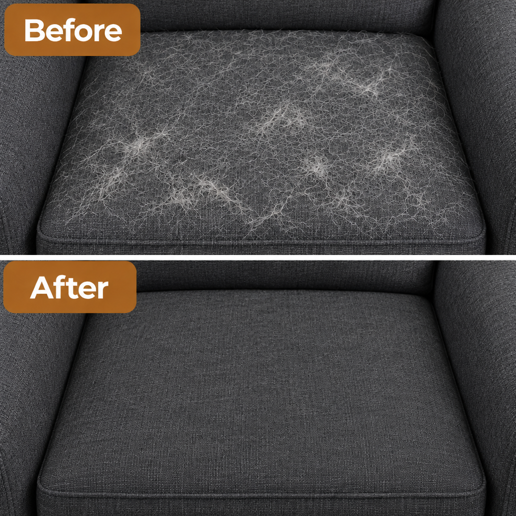Fabric couch before and after removing pet hair