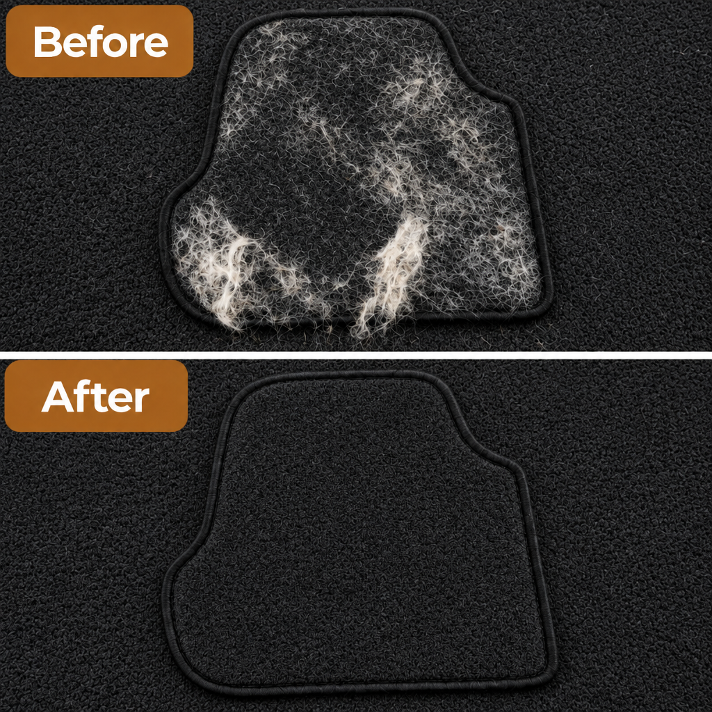Black rug before and after removing pet hair