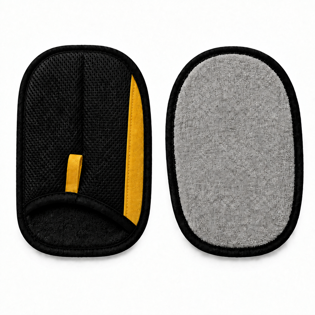Pet hair remover glove shown from both sides on a white background