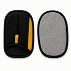 Pet hair remover glove shown from both sides on a white background