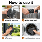 How to use the cleaning cloth in four steps: wet, wring, wipe, machine wash