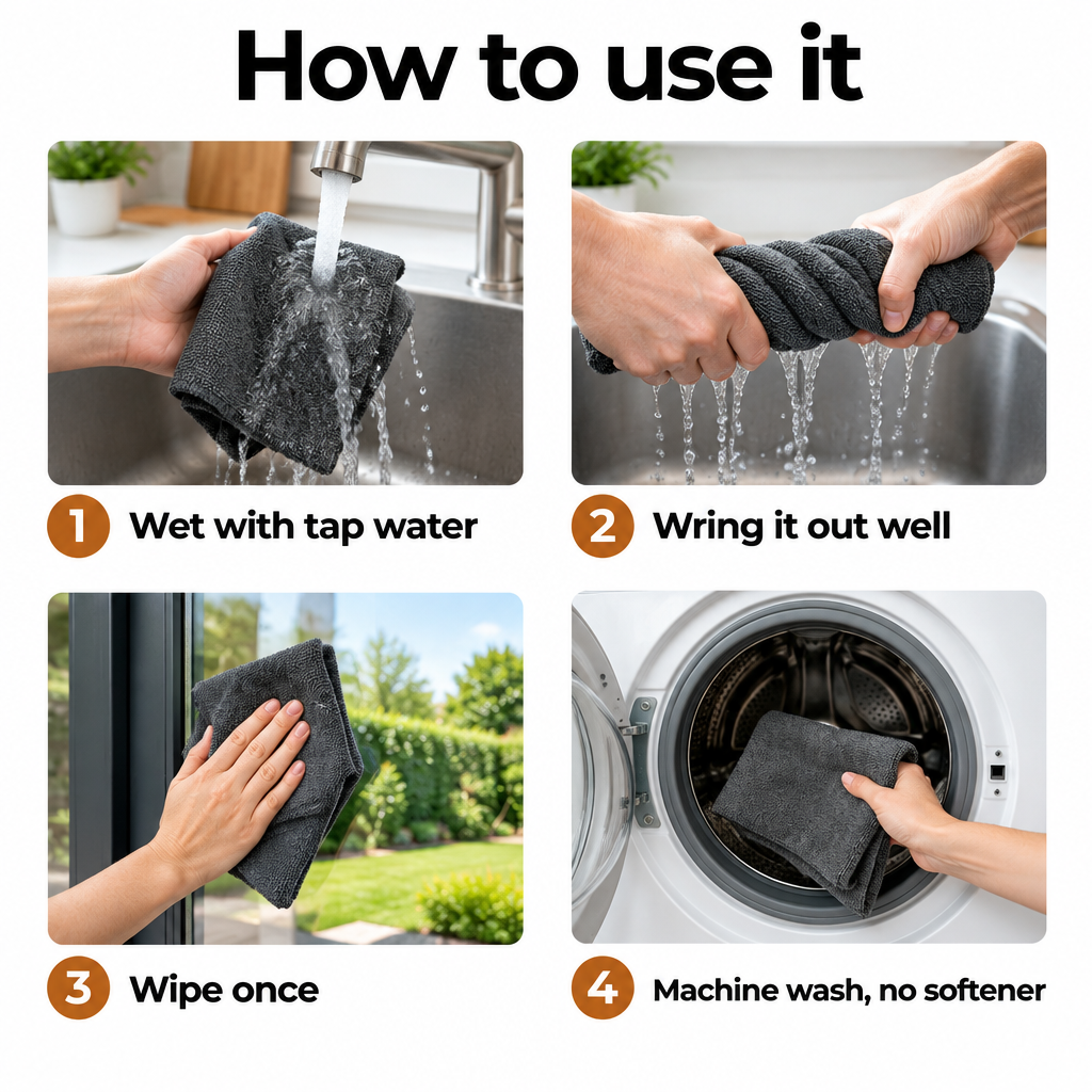 How to use the cleaning cloth in four steps: wet, wring, wipe, machine wash