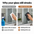 Why glass still streaks: spray and paper towels leave residue and lint, water and this cloth leave nothing