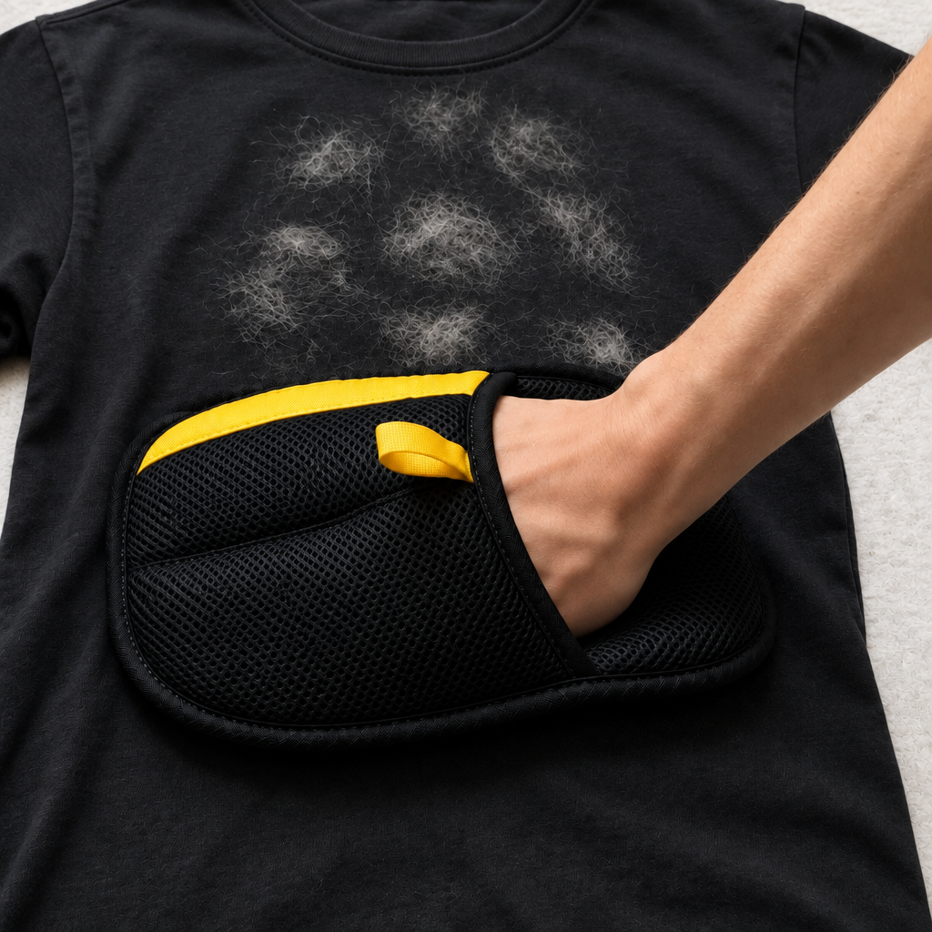 Hand wearing the pet hair remover glove on a black t-shirt covered in pet hair