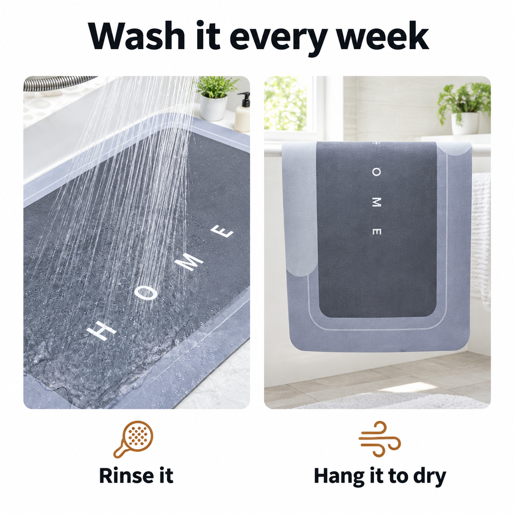 Bath mat being rinsed with water and hung to air-dry