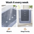 Bath mat being rinsed with water and hung to air-dry