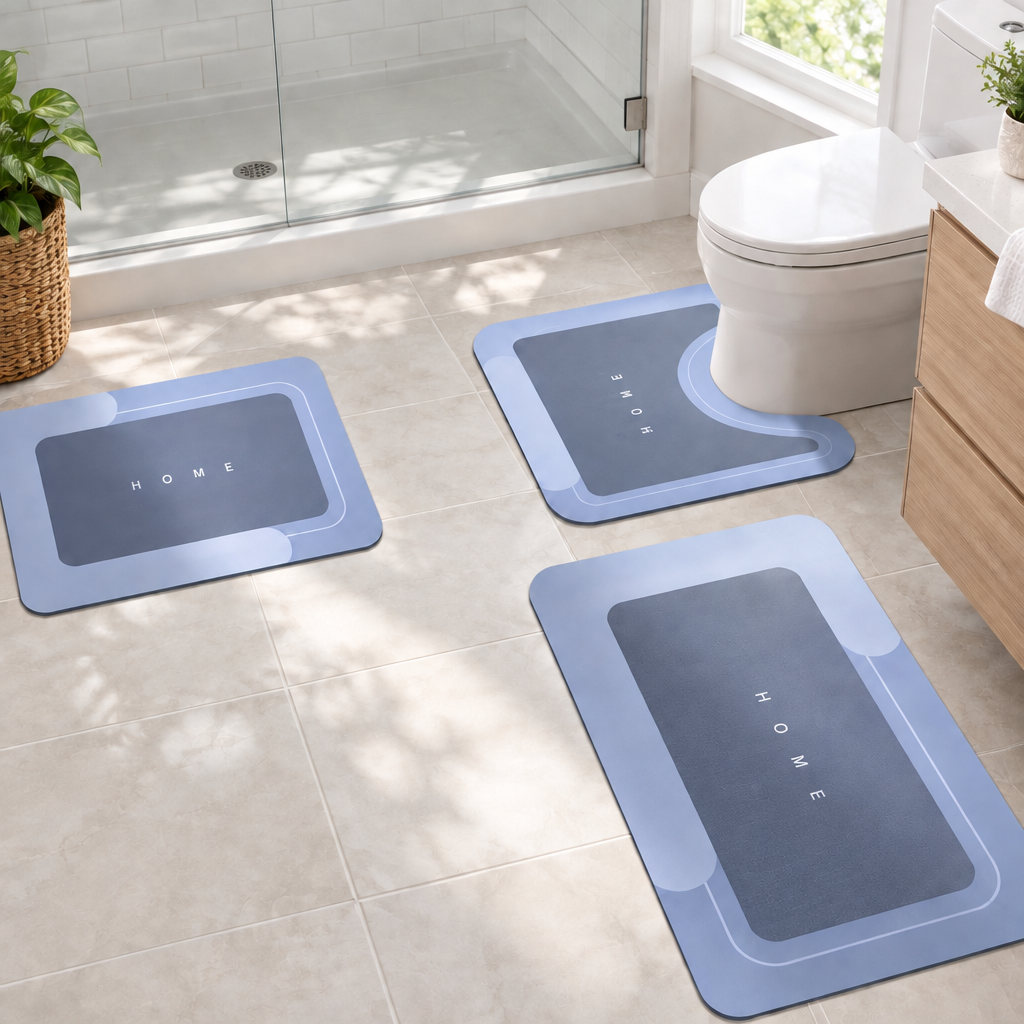 Light blue 3-piece bath mat set laid out in a bathroom