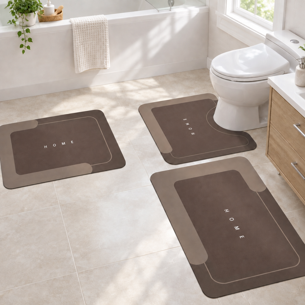 Brown 3-piece bath mat set laid out in a bathroom