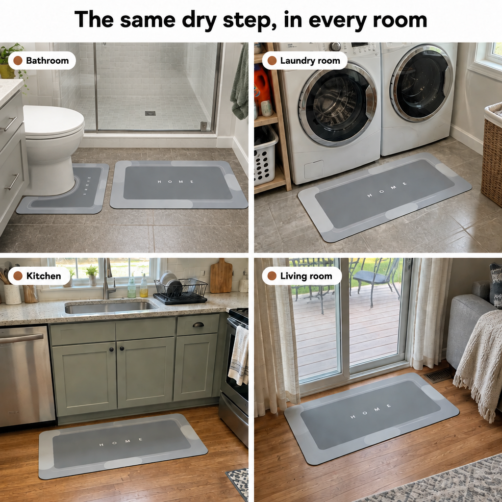 Thin bath mats used in a bathroom, laundry room, kitchen and living room