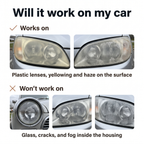 Will it work on my car: works on plastic lenses with yellowing and haze, not on glass, cracks or fog inside the housing