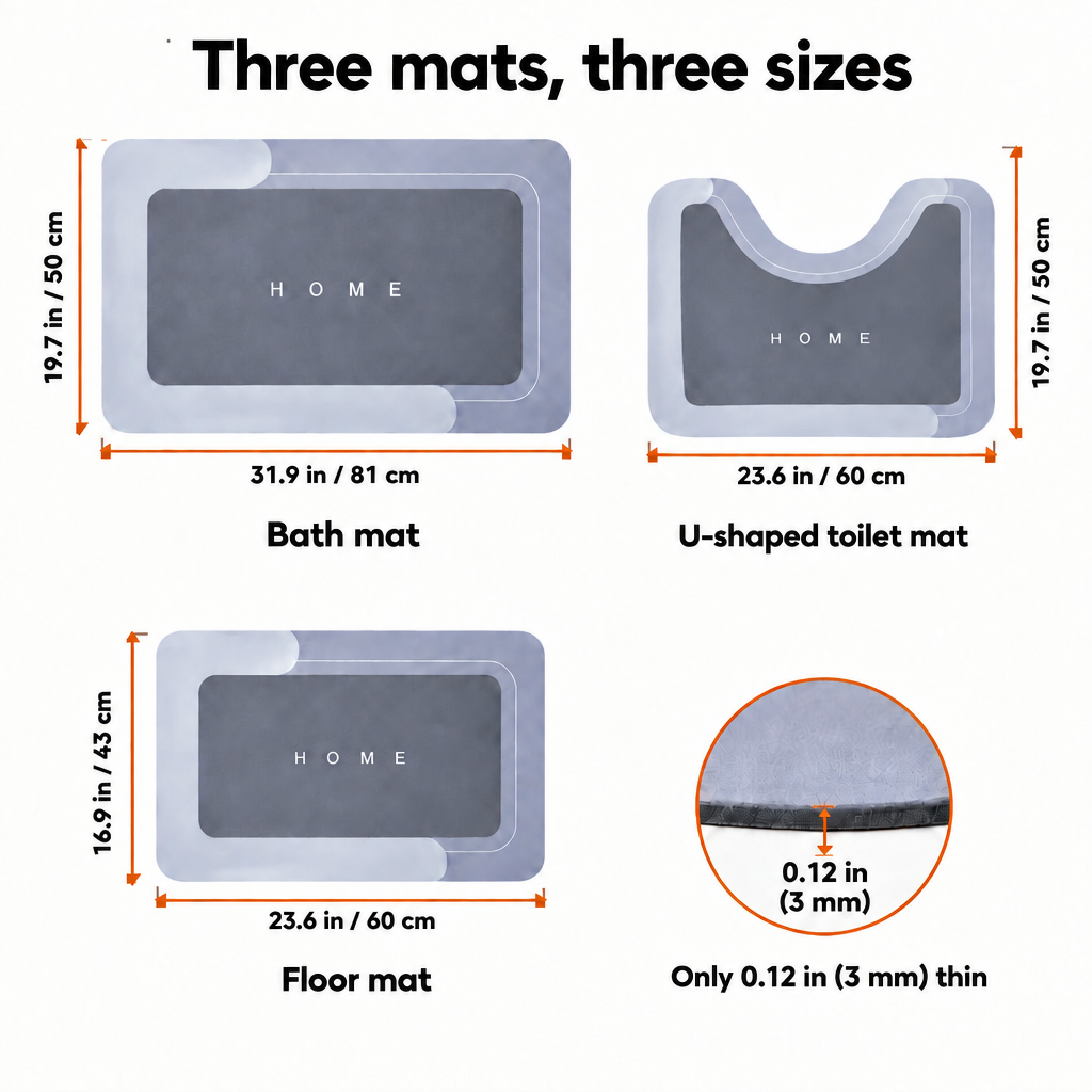 Size chart of the three bath mats in inches and centimetres