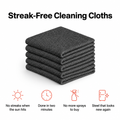 Streak-Free Cleaning Cloths: a stack of five dark grey microfiber cloths with four benefits