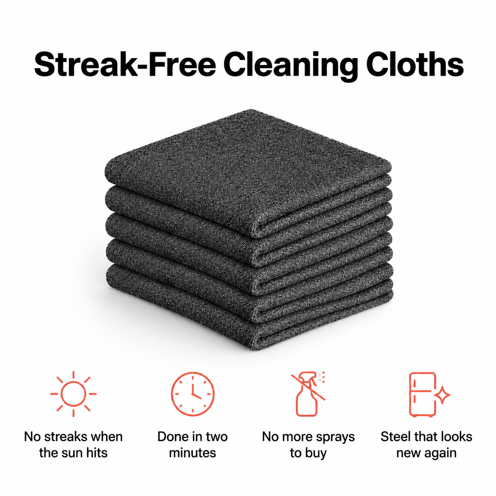Streak-Free Cleaning Cloths: a stack of five dark grey microfiber cloths with four benefits