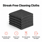 Streak-Free Cleaning Cloths: a stack of five dark grey microfiber cloths with four benefits