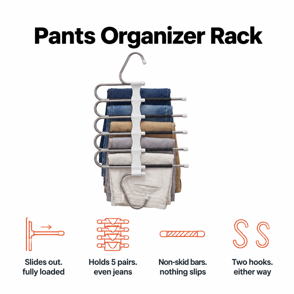 Pants Organizer Rack — slides out fully loaded, holds 5 pairs even jeans, non-skid bars, two hooks