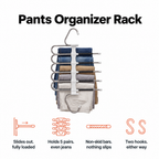 Pants Organizer Rack — slides out fully loaded, holds 5 pairs even jeans, non-skid bars, two hooks