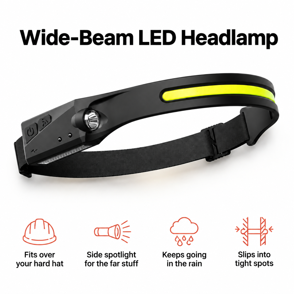 Wide-Beam LED Headlamp: fits over a hard hat, side spotlight, rain resistant, flat for tight spots.