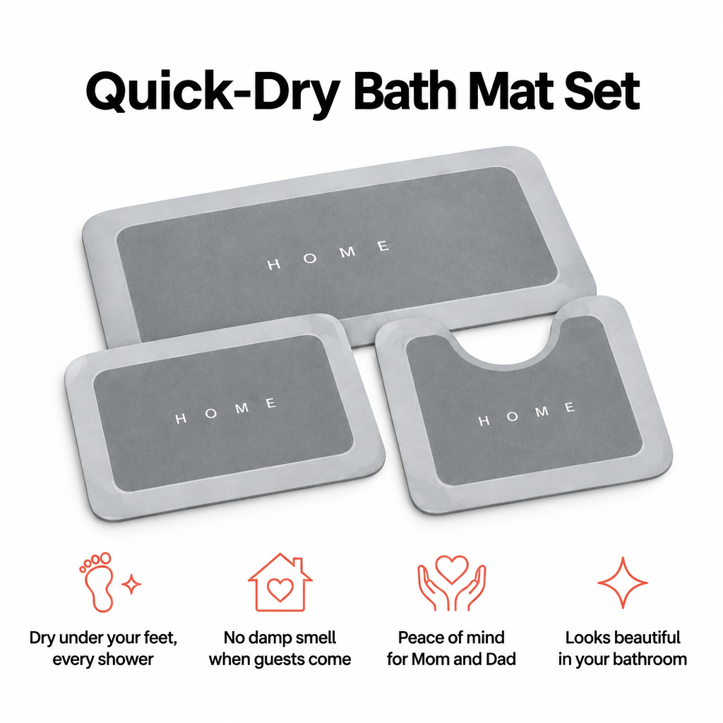 Quick-Dry Bath Mat Set: three thin grey mats for the shower, the sink and the toilet