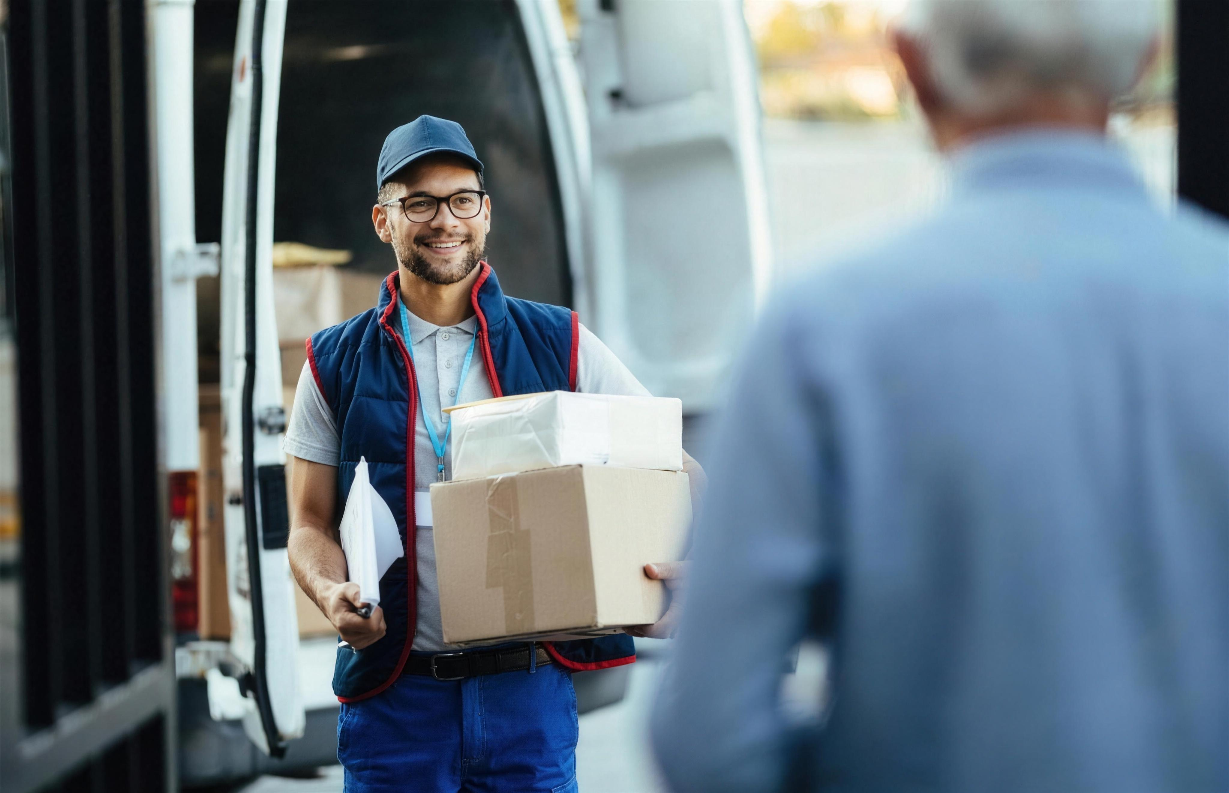 Courier handing over a tracked parcel to a customer
