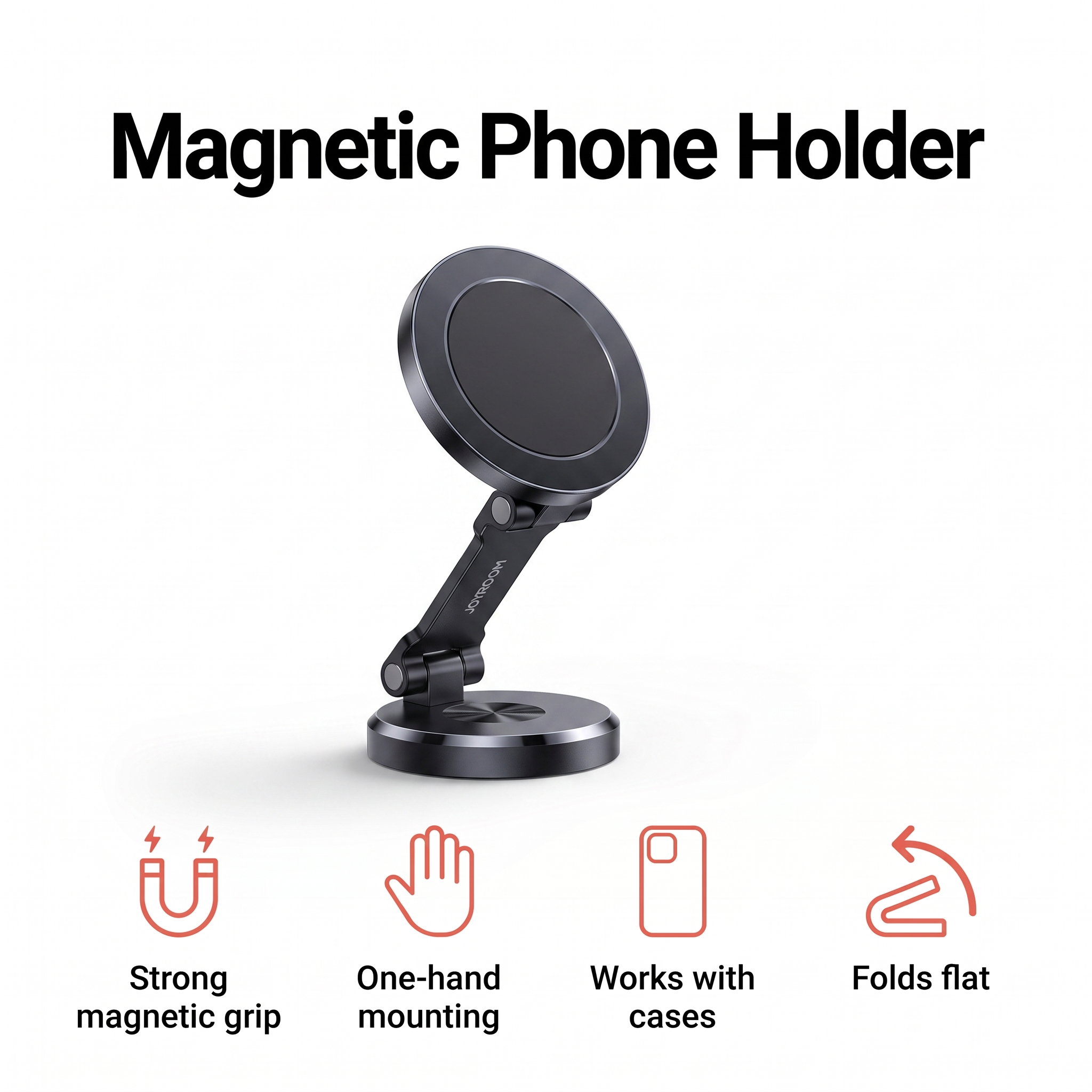 Foldable magnetic car phone holder with one-hand mounting