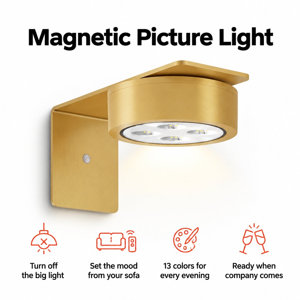 Magnetic Picture Light in gold: turn off the big light, set the mood from your sofa, 13 colors, ready when company comes
