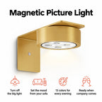 Magnetic Picture Light in gold: turn off the big light, set the mood from your sofa, 13 colors, ready when company comes