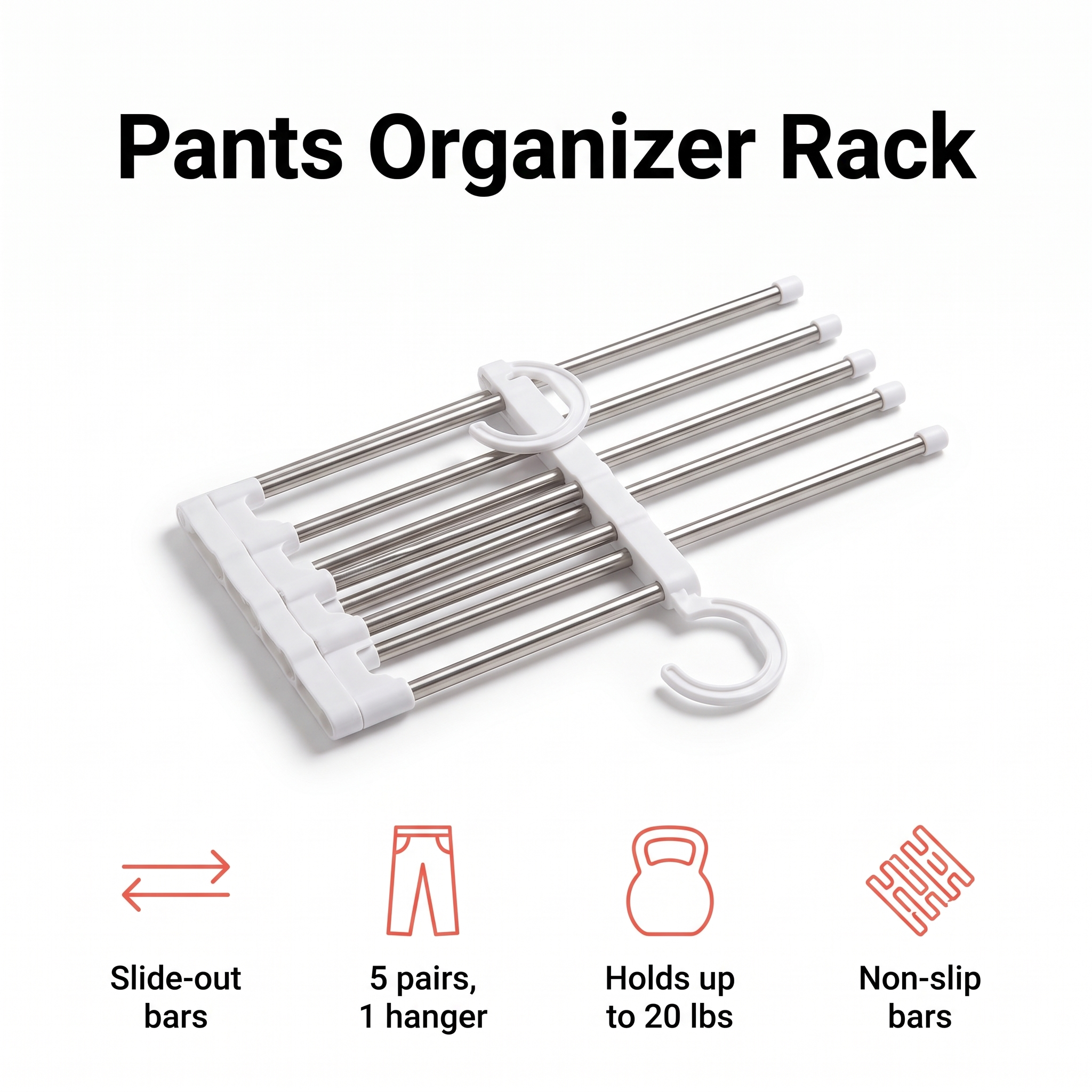 Slide-out pants organizer rack holding 5 pairs