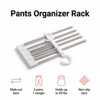 Slide-out pants organizer rack holding 5 pairs