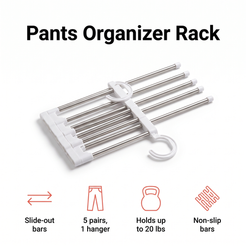 Slide-out pants organizer rack holding 5 pairs