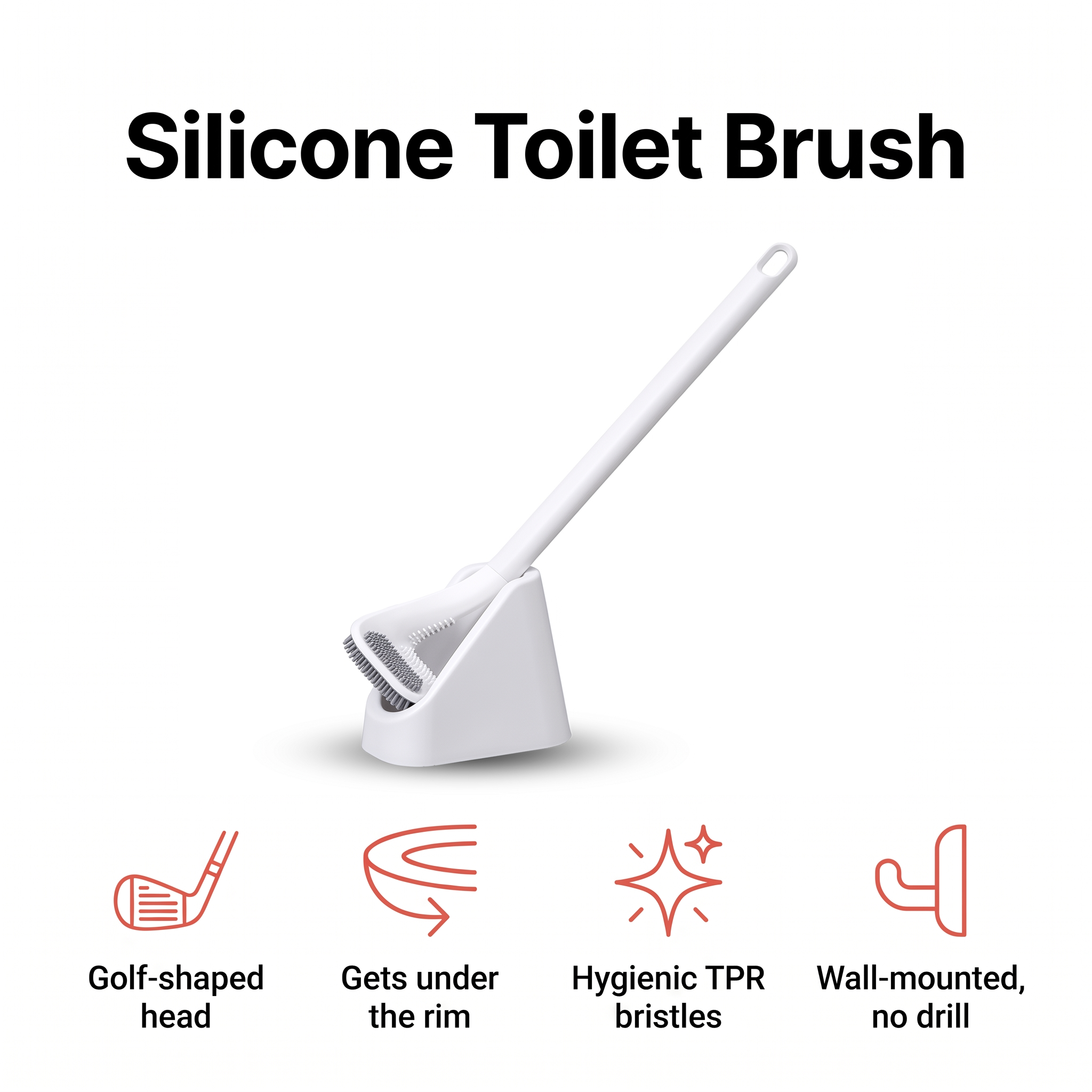 Golf-head silicone toilet brush that reaches under the rim