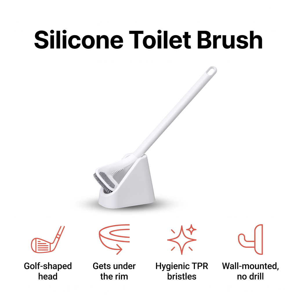 Golf-head silicone toilet brush that reaches under the rim
