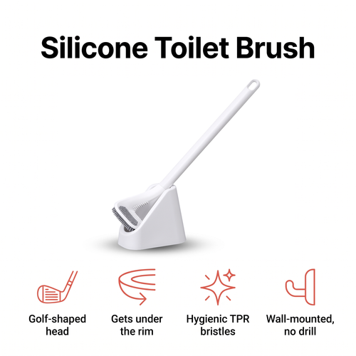 Golf-head silicone toilet brush that reaches under the rim