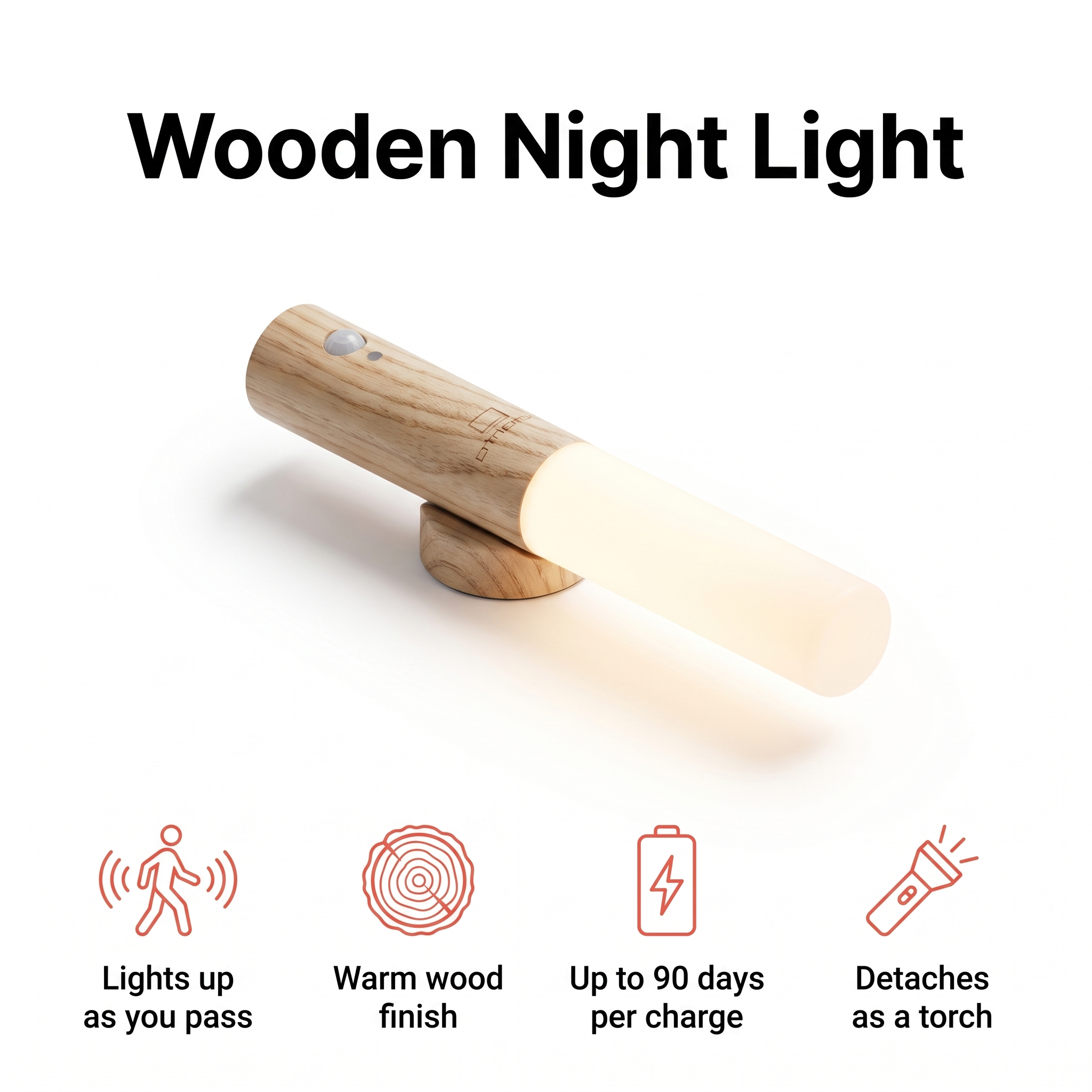 Wooden motion-sensor night light, rechargeable and detachable