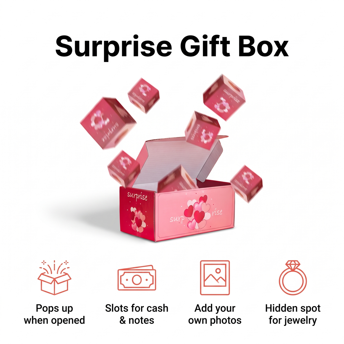 Pop-up surprise gift box with slots for cash, photos and notes