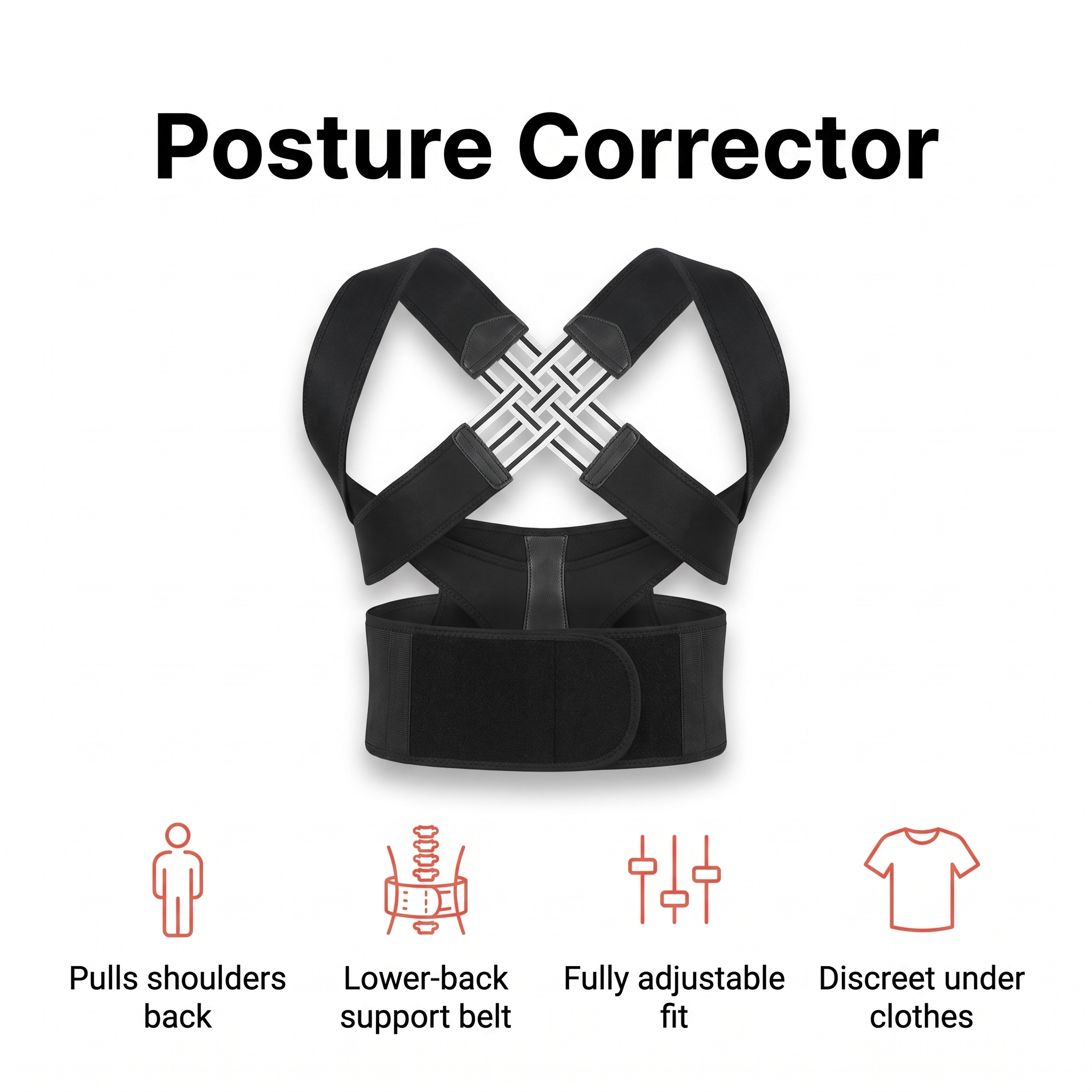 Adjustable posture corrector with shoulder straps and lower-back belt